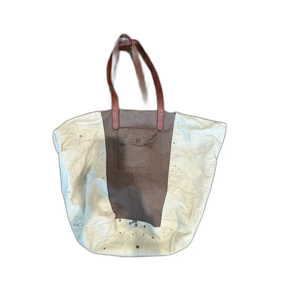 Free People Hideaway Tote Bag Canvas Leather Brown Beige Boho Oversized